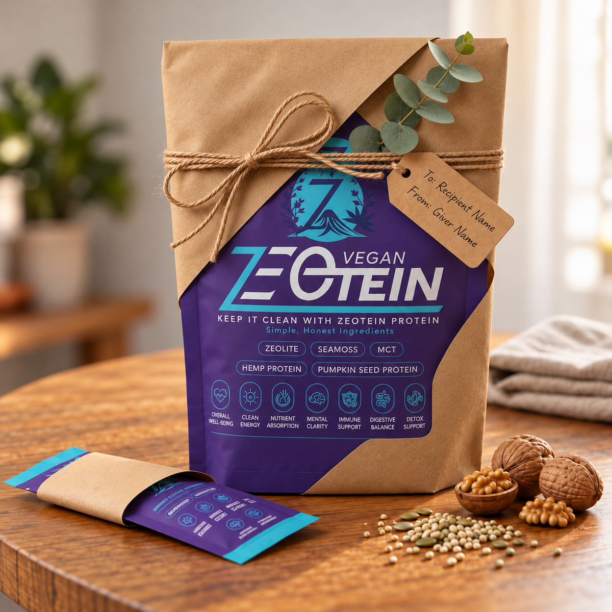 Zeotein Vegan Protein Powder pouch and stick pack wrapped in kraft paper