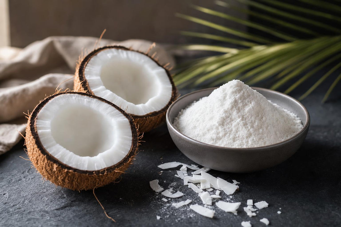 A fresh coconut cut in half beside a ceramic bowl of fine white MCT oil powder