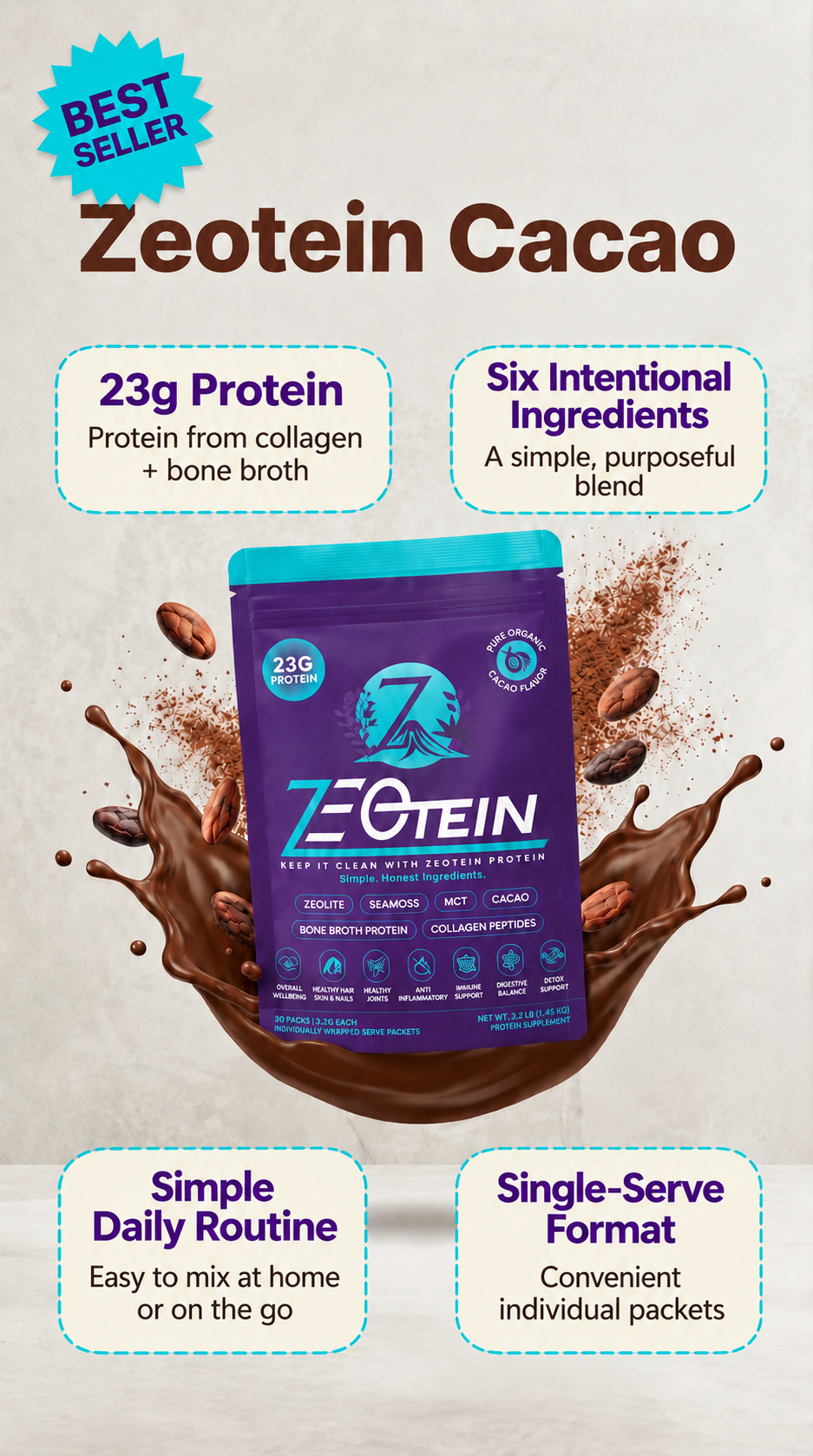 Zeotein Cacao Protein Powder - 30 Stick Packs, Collagen & Bone Broth