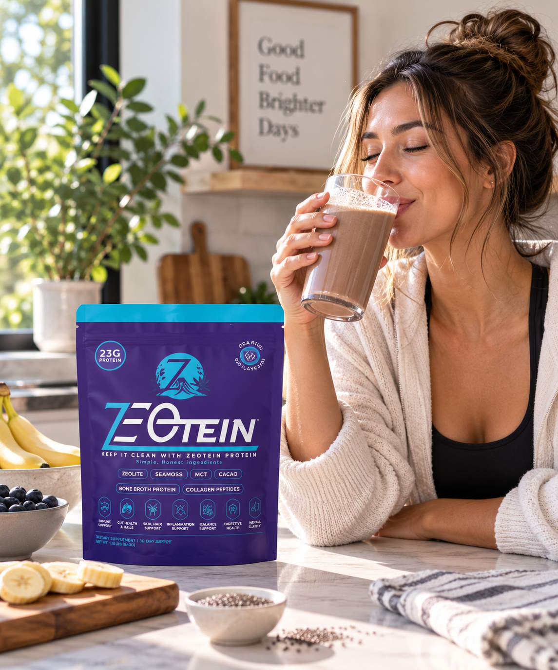 Woman enjoying a Zeotein protein drink in a bright kitchen