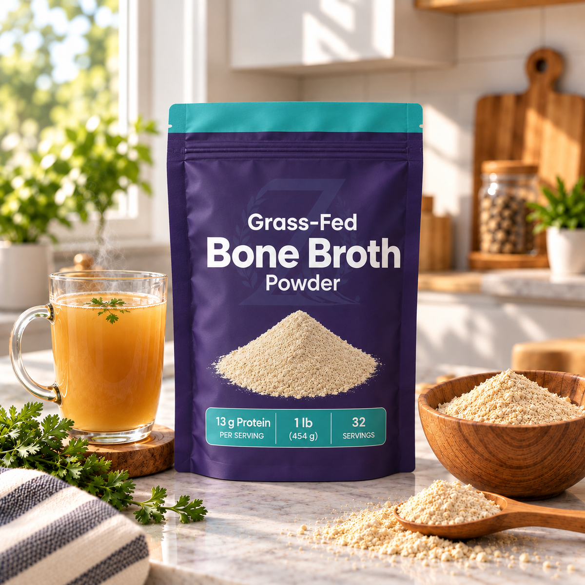 Grass-Fed Bone Broth Powder in a purple resealable pouch displayed beside a warm cup of broth and a bowl of powder on a kitchen countertop