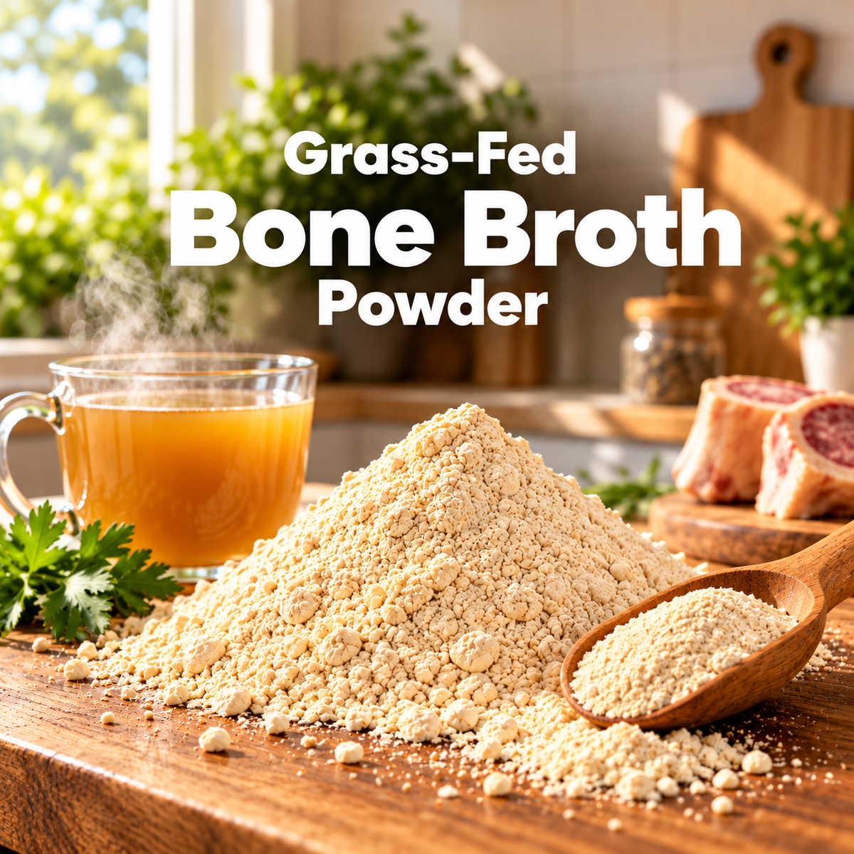 Grass-Fed Bone Broth Powder text overlay above bone broth powder, a wooden scoop, steaming cup of broth, fresh parsley, and marrow bones in a kitchen setting