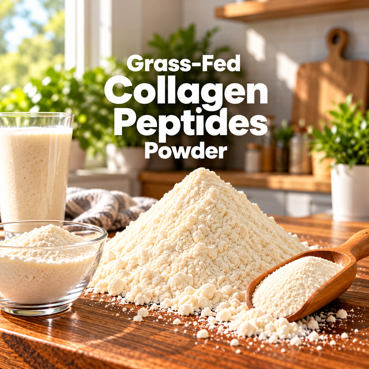 Grass-Fed Collagen Peptides Powder text overlay above a collagen powder, a glass bowl of powder, and a wooden scoop on a kitchen counter