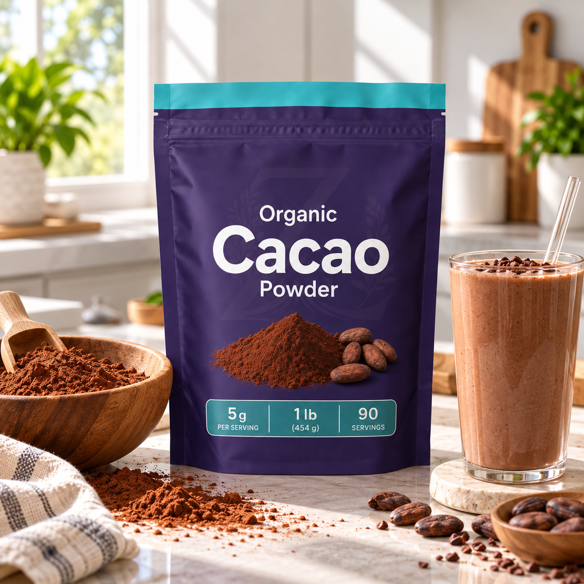 Organic Cacao Powder in a purple resealable pouch displayed on a kitchen counter with a cacao drink, cacao beans, and cacao powder