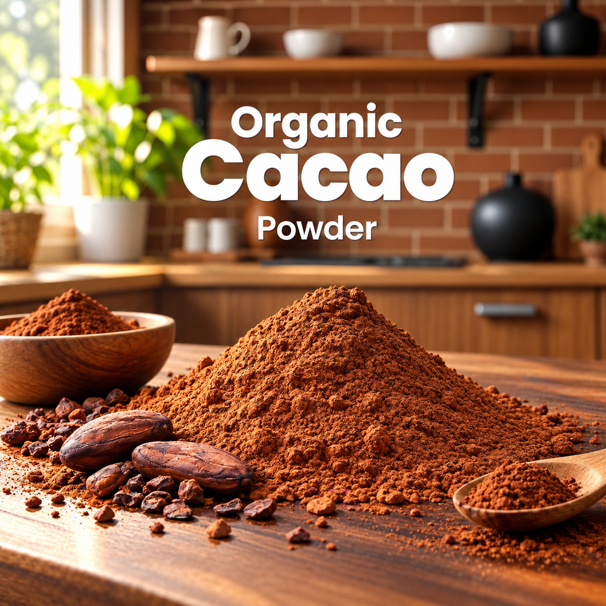 Organic Cacao Powder text overlay above cacao powder, cacao beans, and a wooden scoop on a kitchen counter