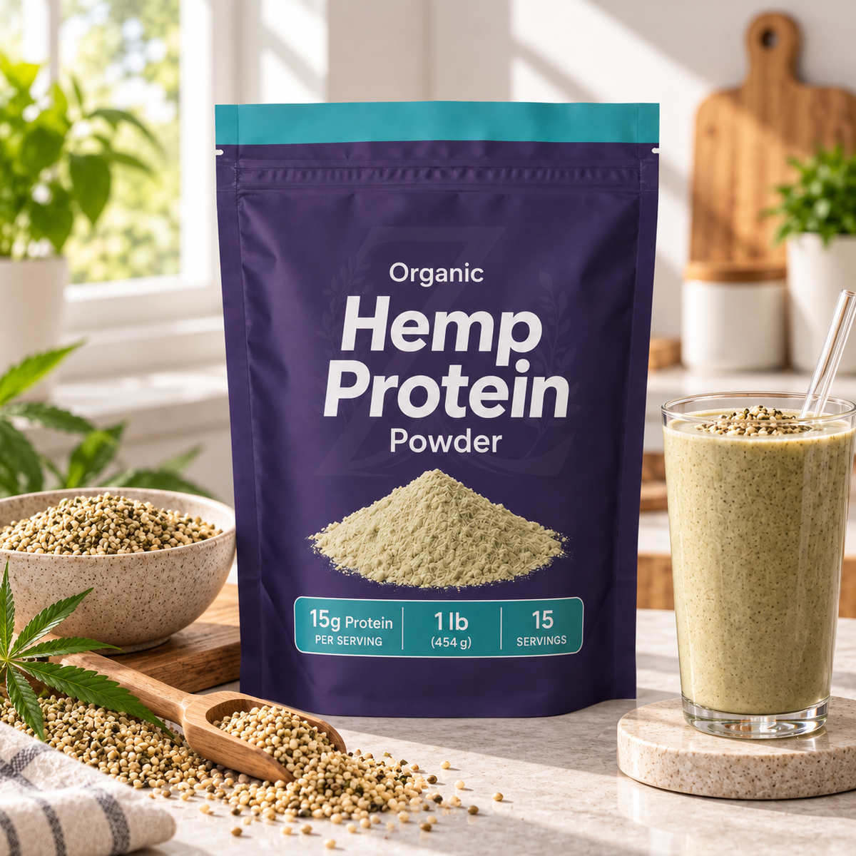 Organic Hemp Protein Powder in a purple resealable pouch displayed on a kitchen counter with a organic hemp protein smoothie, and hemp seeds