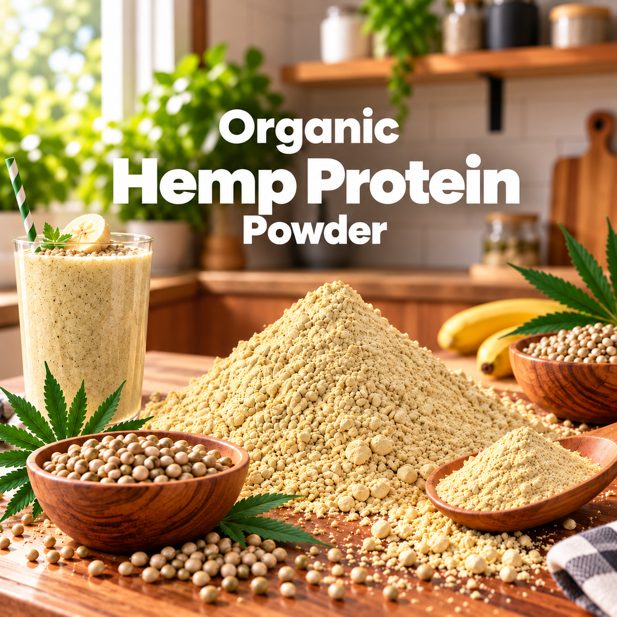 Organic Hemp Protein Powder text overlay above organic hemp protein powder, hemp seeds, and a wooden scoop on a kitchen counter