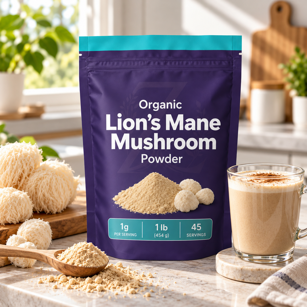 Organic Lion’s Mane Mushroom Powder in a purple resealable pouch beside a mushroom latte, fresh lion’s mane mushrooms, and a scoop of powder on a kitchen counter
