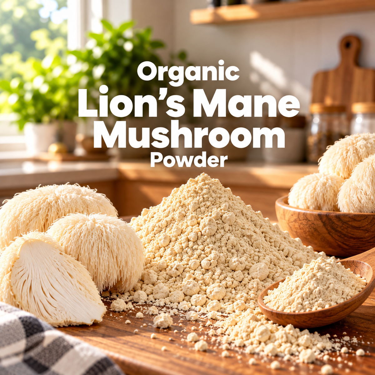 Organic Lion’s Mane Mushroom Powder text overlay above lion’s mane mushroom powder, fresh lion’s mane mushrooms, and a wooden scoop on a kitchen counter