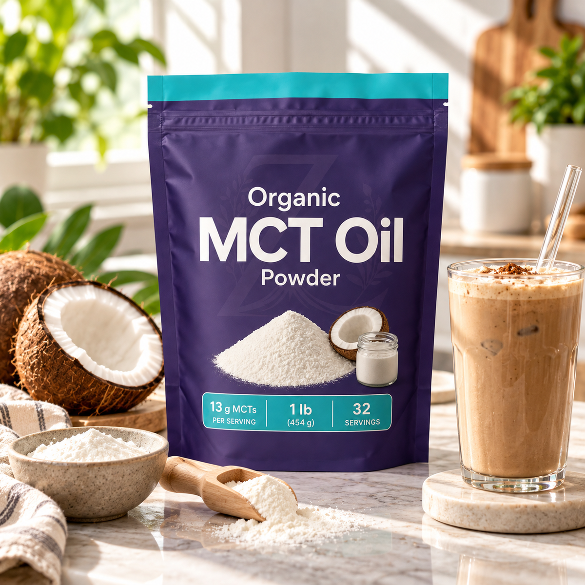 Organic MCT Oil Powder in a purple resealable pouch displayed on a kitchen countertop with coconut and smoothie
