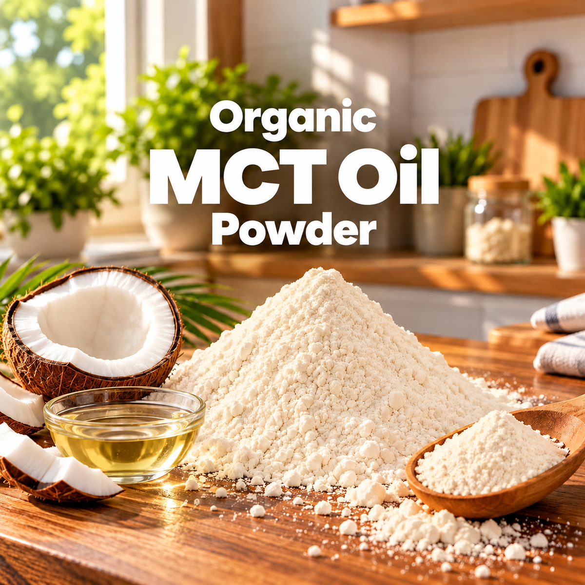 Organic MCT Oil Powder text overlay above a mound of soft, warm off-white powder, coconut halves, and a wooden scoop on a kitchen counter