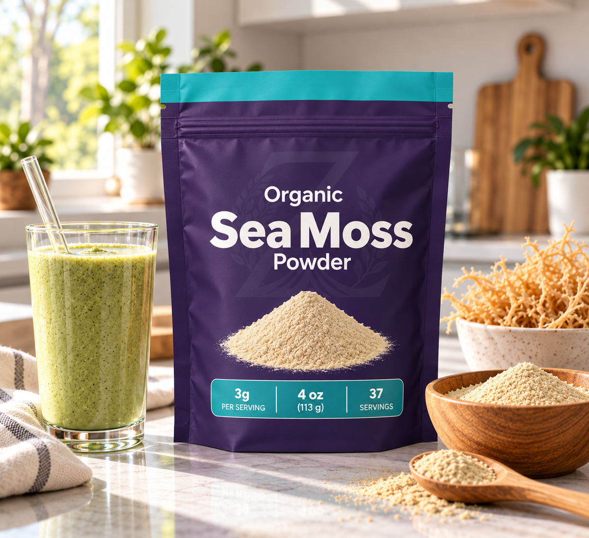 Organic Sea Moss Powder in a purple resealable pouch beside a green smoothie, a bowl of sea moss powder, and a wooden spoon