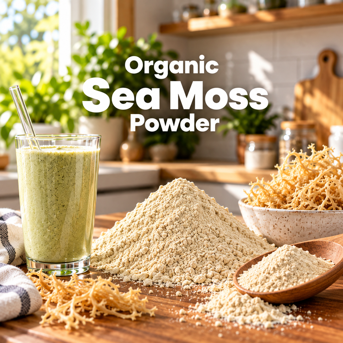 Organic Sea Moss Powder text overlay above sea moss powder, dried sea moss, a green smoothie, and a wooden scoop on a kitchen counter