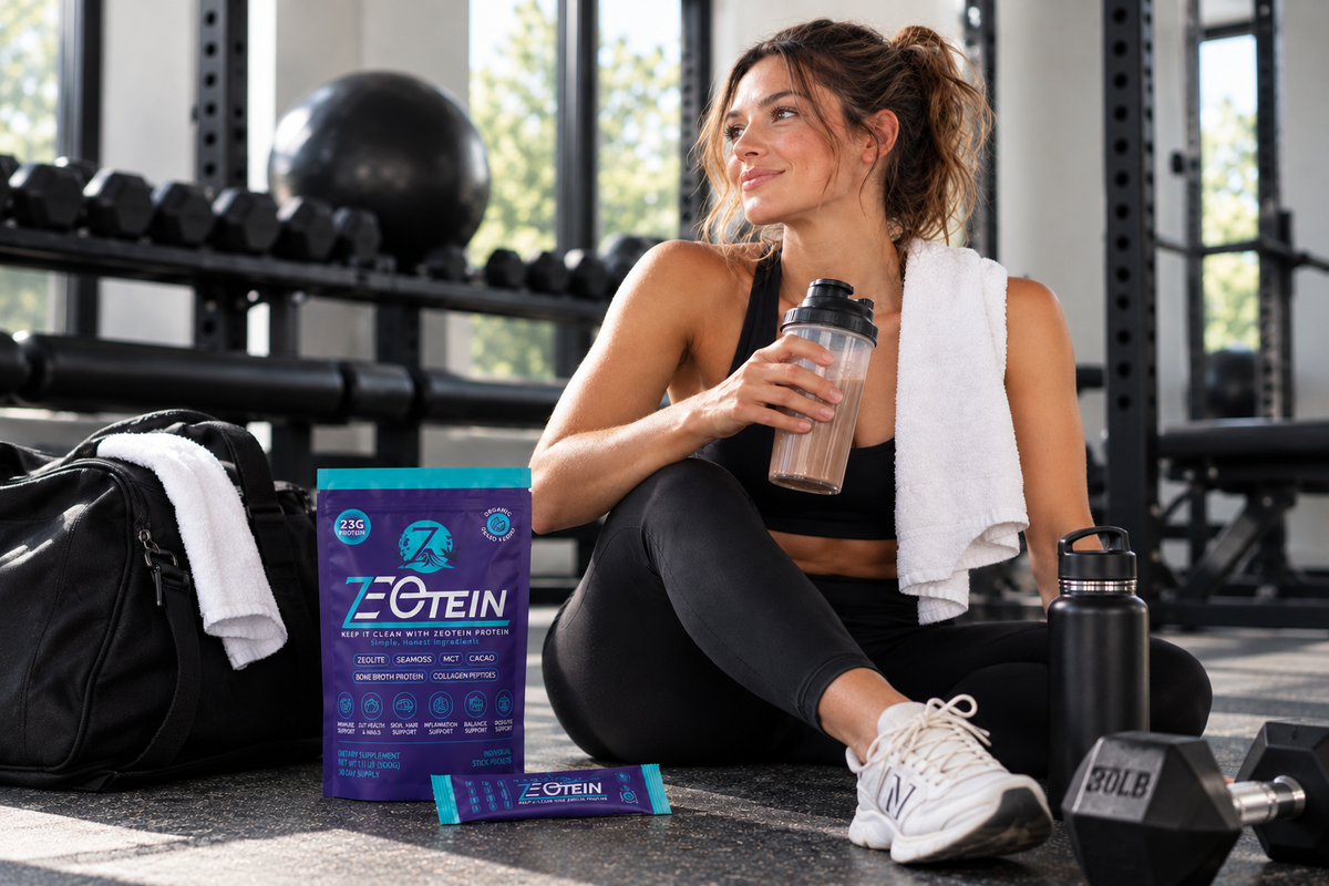 Woman holding Zeotein after a workout
