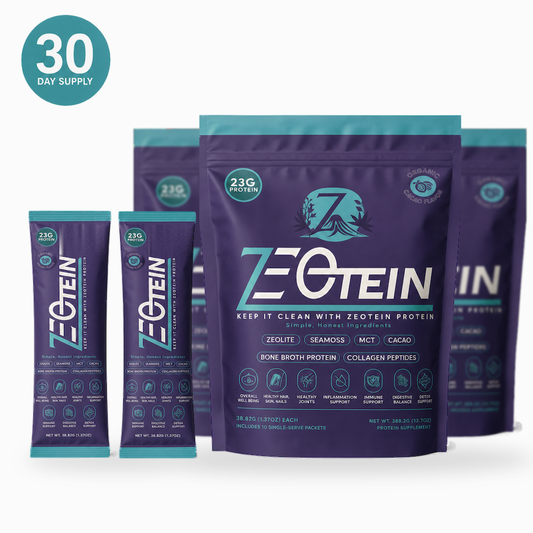 Zeotein Cacao Protein Powder 30-day supply three resealable pouches of stick packs with two single-serve sticks on a white background