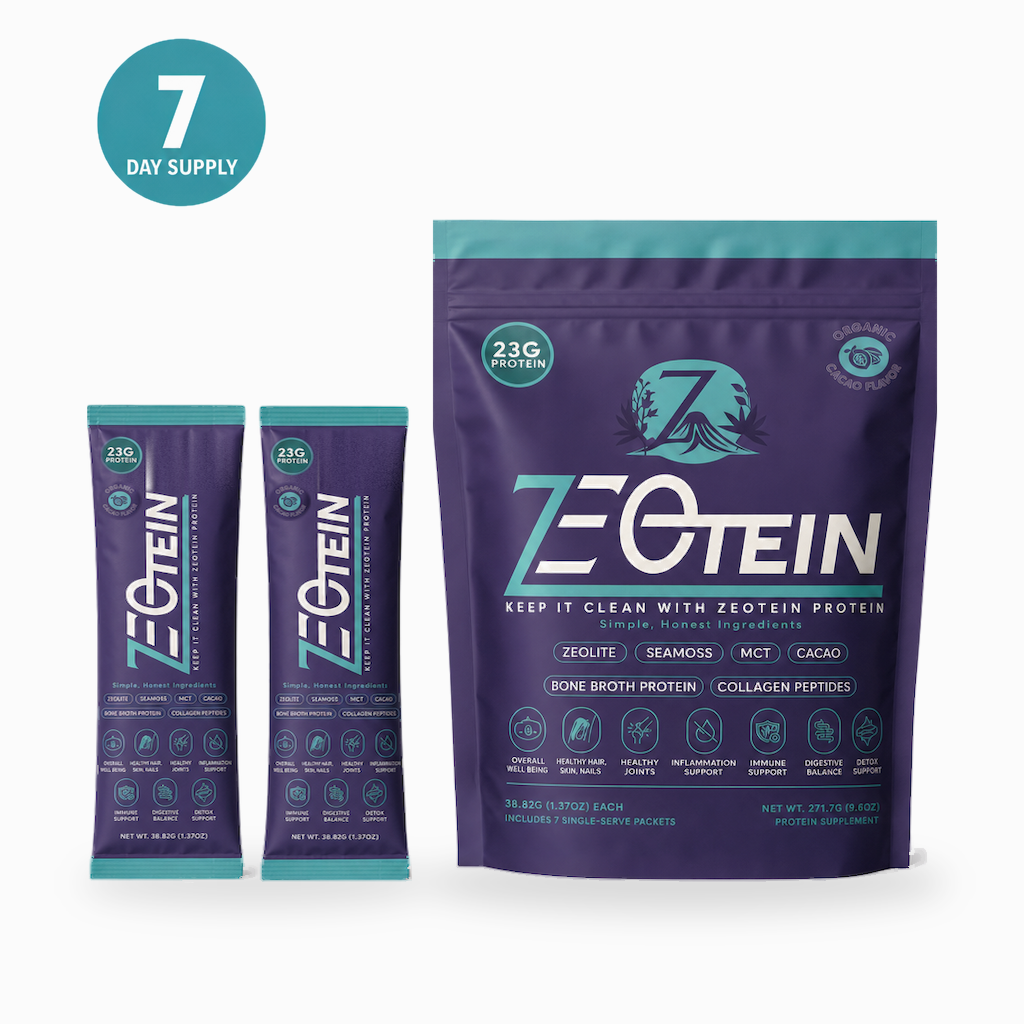 Zeotein Cacao Protein Powder 7-day supply resealable pouch with two single-serve stick packs on a white background