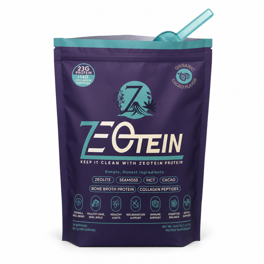 Zeotein Cacao protein powder 30-serving bulk bag with scoop in the open top