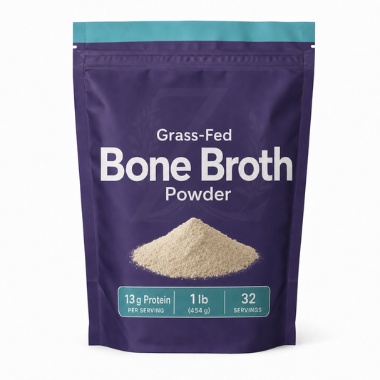 Zeotein Grass-Fed Bone Broth Powder 1 lb purple pouch on a white background