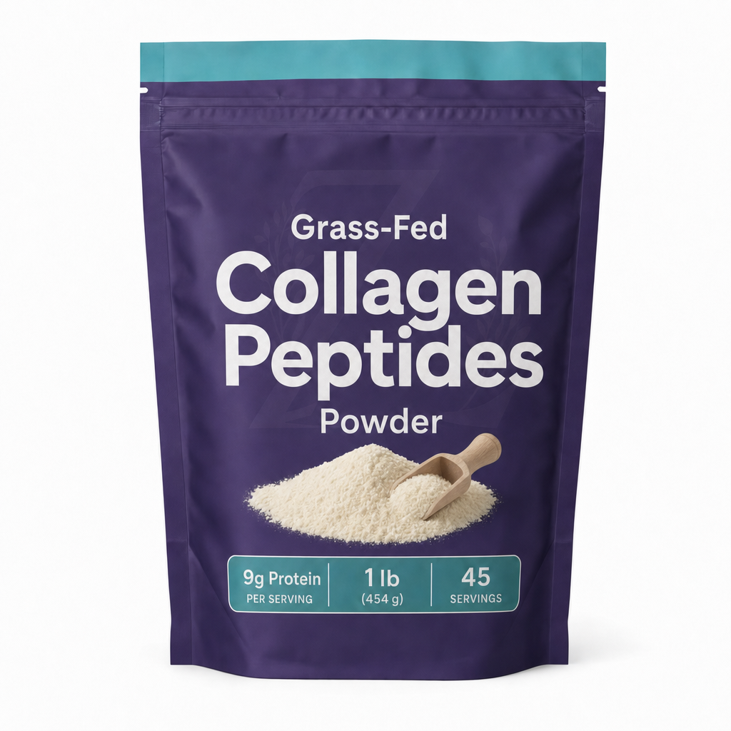 Zeotein Grass-Fed Collagen Peptides Powder 1 lb purple pouch on a white background