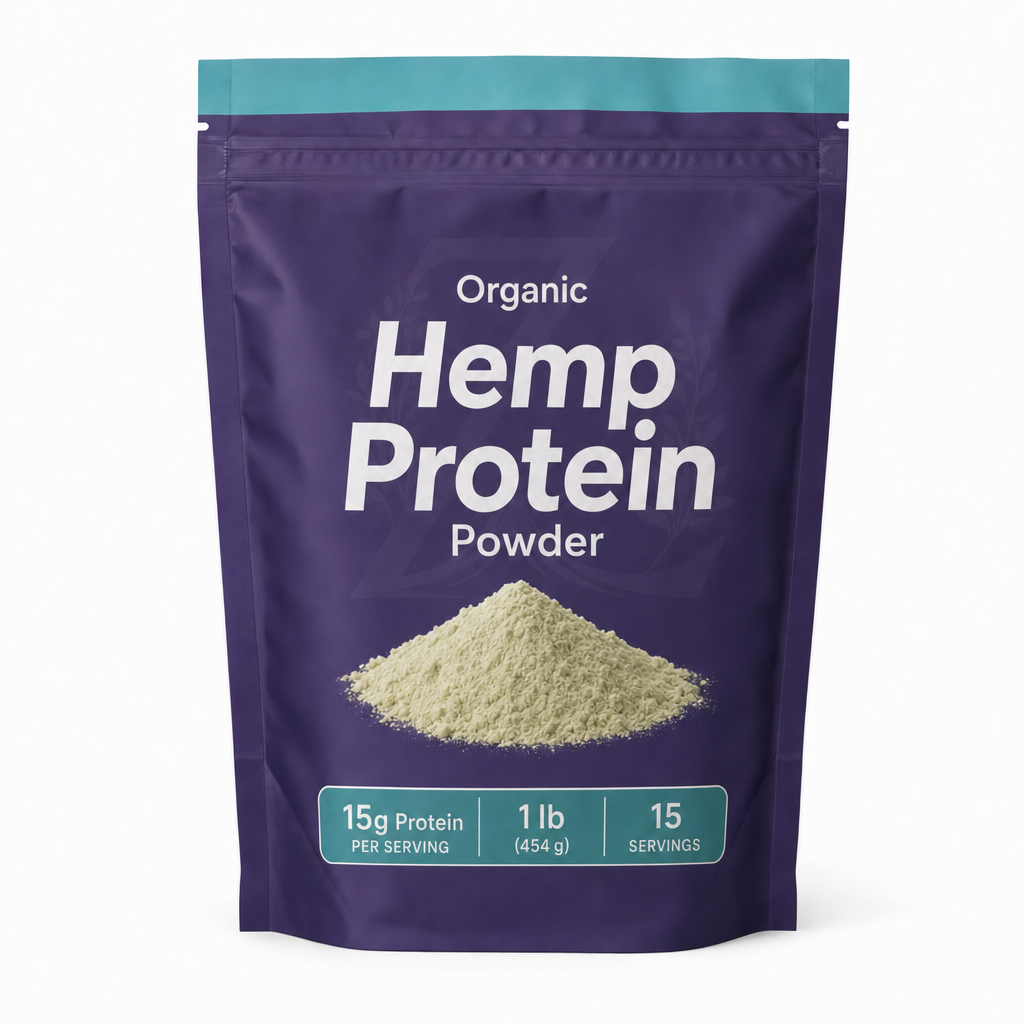 Zeotein Organic Hemp Protein Powder 1 lb purple pouch on a white background