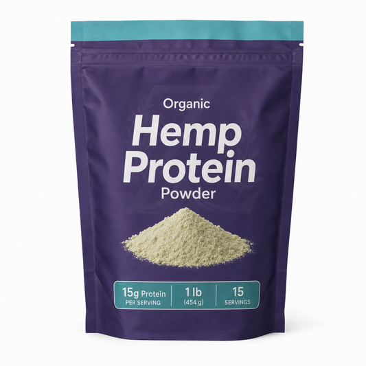 Zeotein Organic Hemp Protein Powder 1 lb purple pouch on a white background