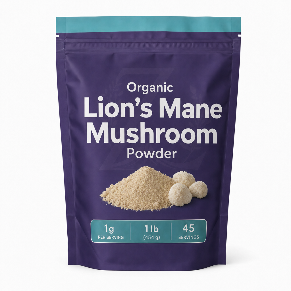 Zeotein Organic Lion's Mane Mushroom Powder 1 lb purple pouch on a white background
