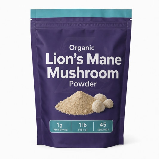 Zeotein Organic Lion's Mane Mushroom Powder 1 lb purple pouch on a white background