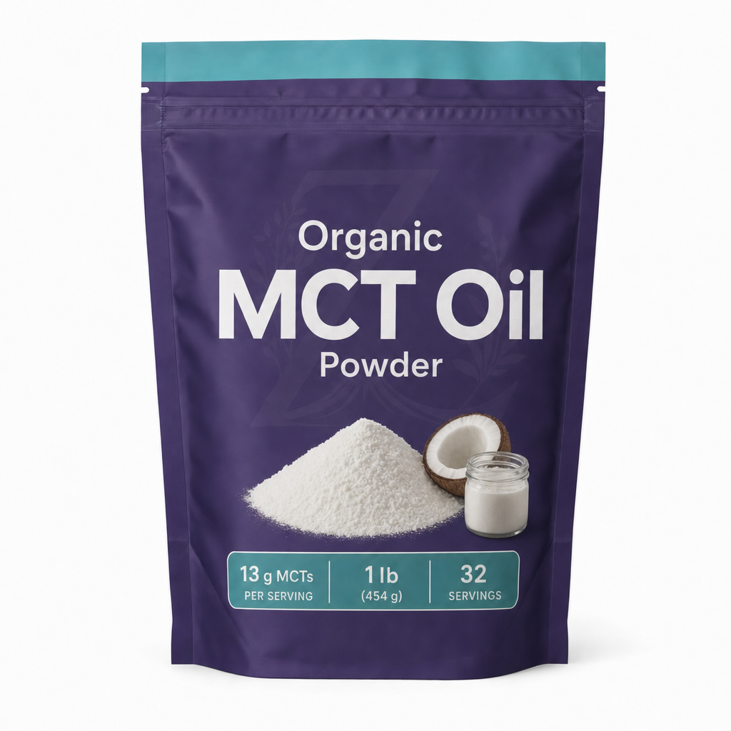 Zeotein Organic MCT Oil Powder 1 lb purple pouch on a white background