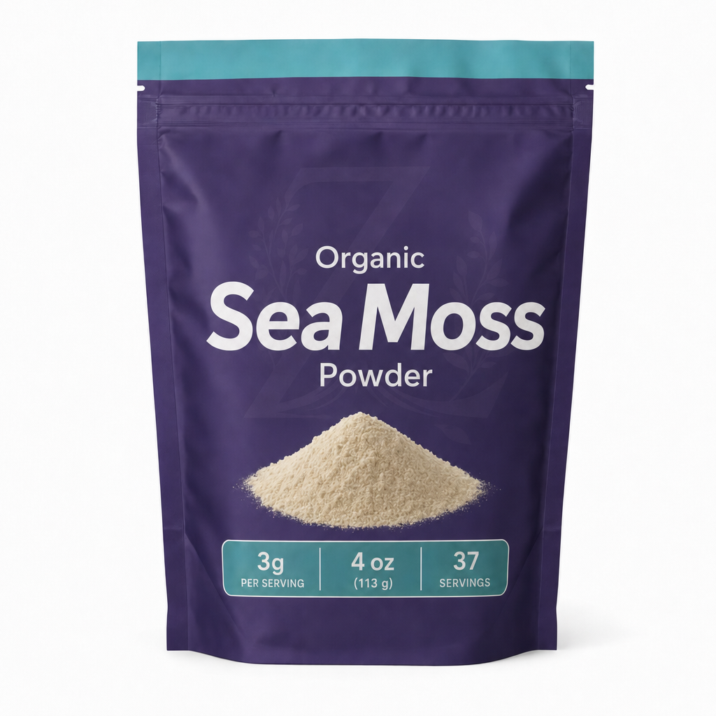Zeotein Organic Sea Moss Powder 4 oz purple pouch on a white background