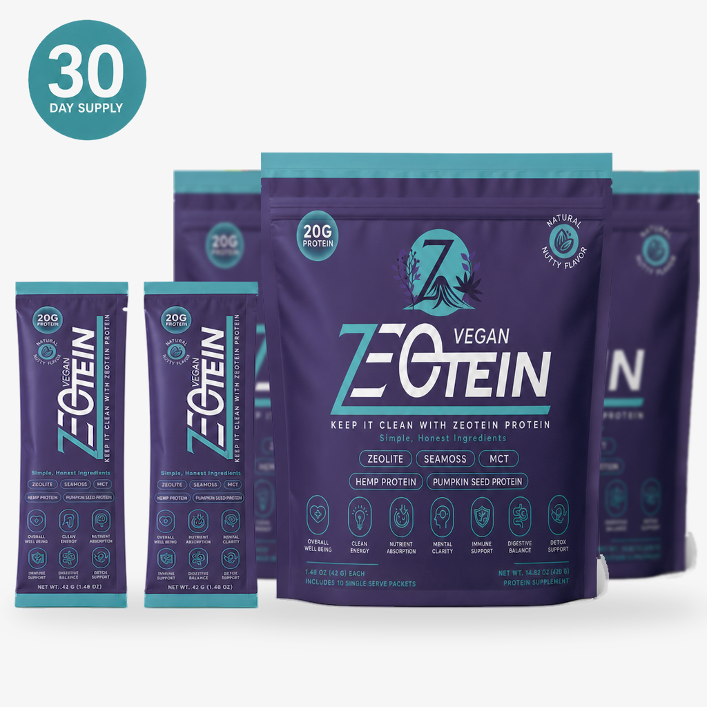Zeotein Vegan protein powder 30-day supply - stick packs and three stand-up pouches