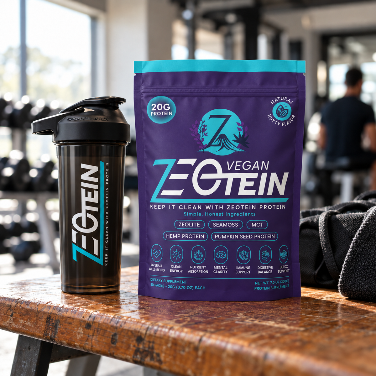 Zeotein Vegan Protein Powder and shaker bottle in a gym setting