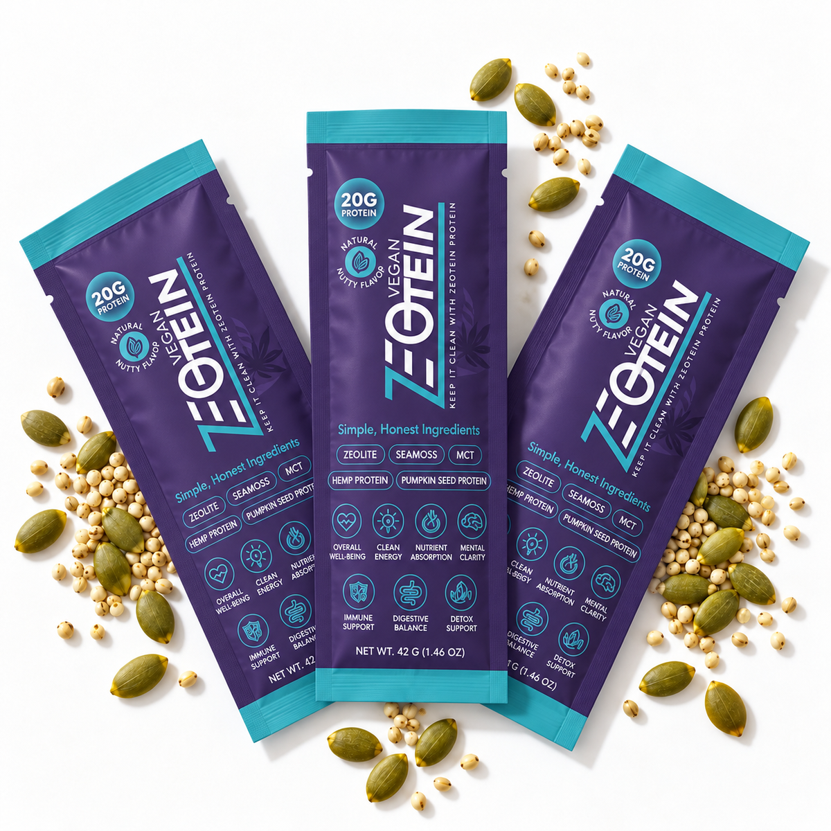Zeotein Vegan Protein Powder individual stick pack on a white background