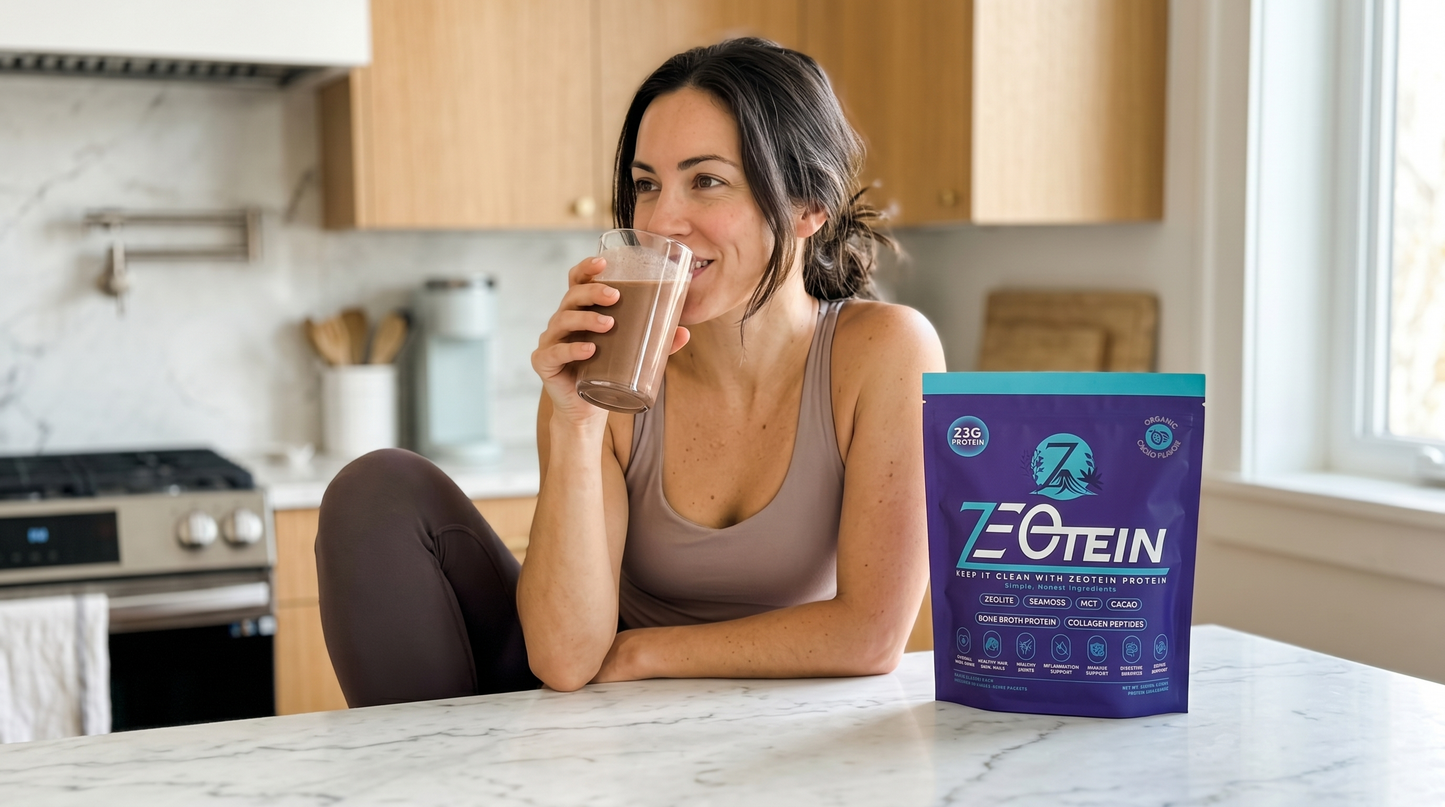 Woman drinking a glass of aZEOTein supplement in a kitchen.

